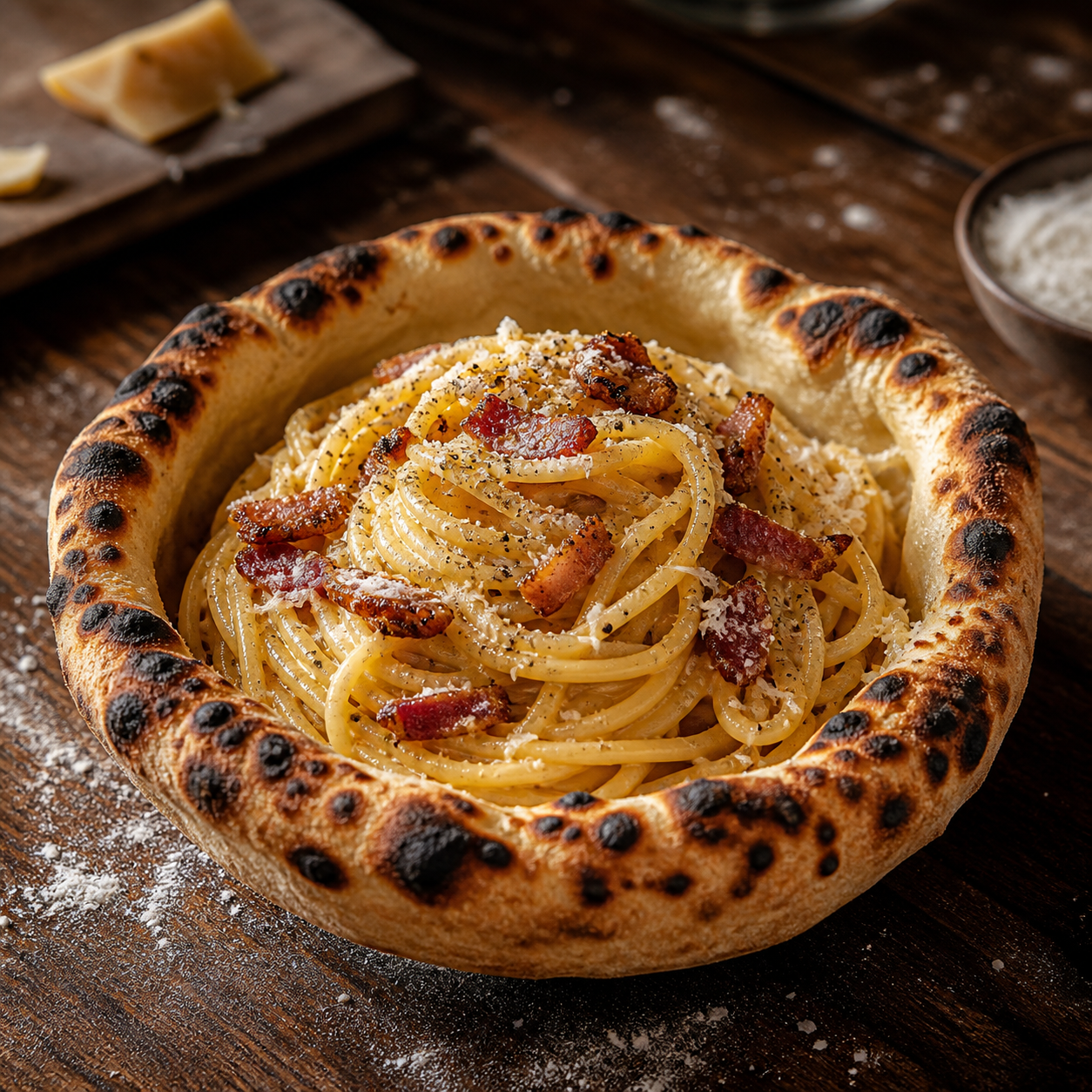 Spaghetti carbonara σερβιρισμένο σε pizza bowl από ζύμη πίτσας
