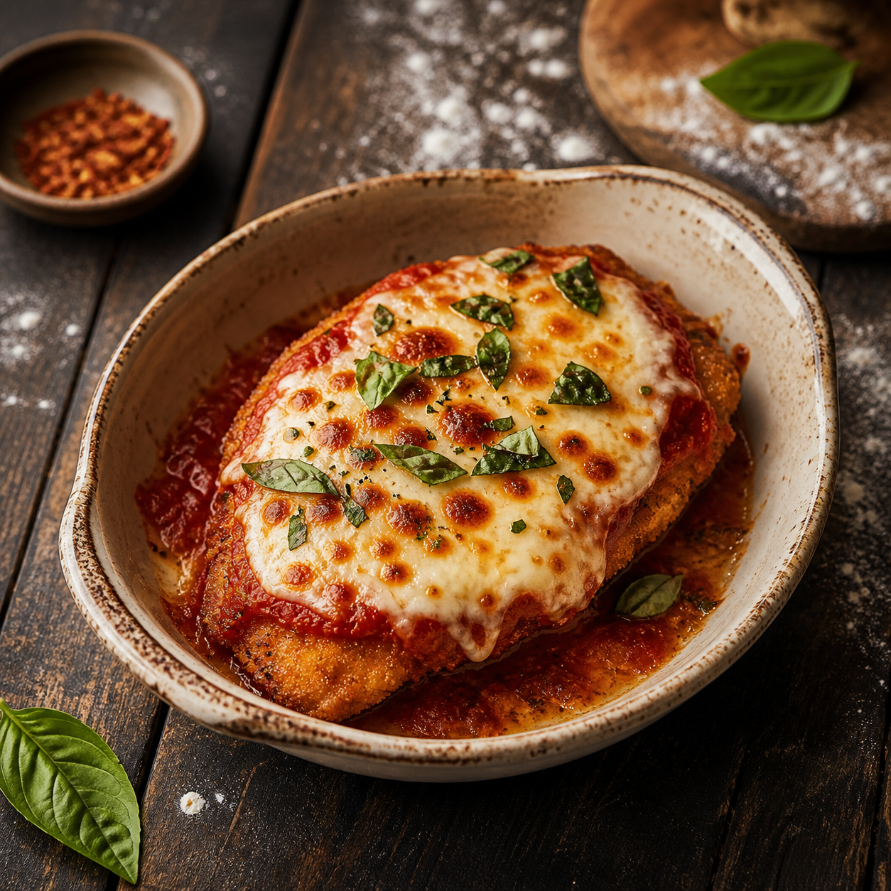 Pollo Parmigiano με σάλτσα ντομάτας, λιωμένη μοτσαρέλα και βασιλικό